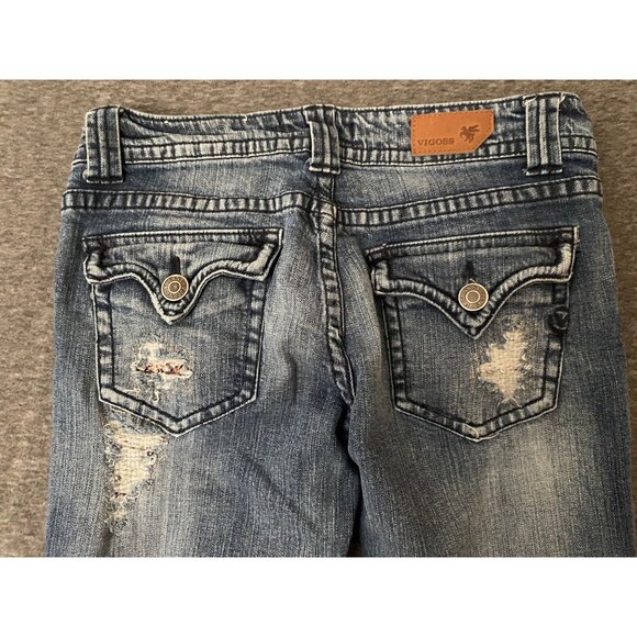 Vigoss Denim - Vigoss Juniors Size 5 Bootcut Distressed Denim Jeans Sequin Holes Flare Stretch